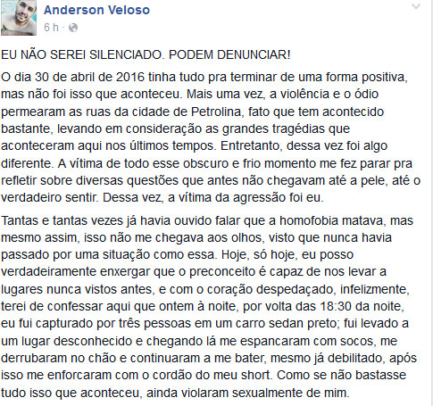 Na época do ataque, Anderson escreveu um relato comovente no Facebook