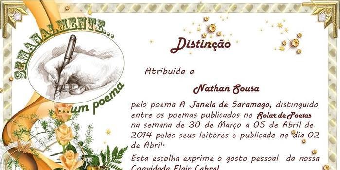 Poeta Nathan Sousa recebe distinção da comunidade SOLAR DE POETAS, de Portugal.