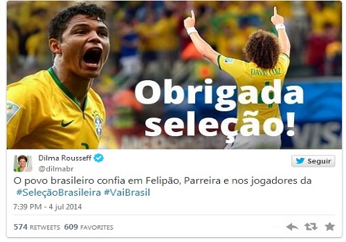 Dilma vibra após jogo contra a Colômbia: "foi vitória merecida"