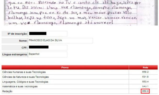 Candidato cita hino do Flamengo na redação do Enem e tira 660