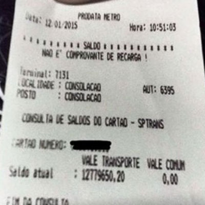 Estagiário recebe Bilhete Único com recarga de R$ 12 milhões