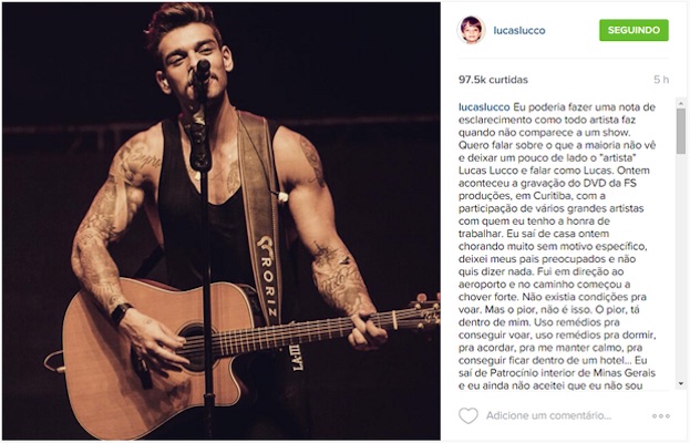Lucas Lucco desabafou em sua conta na rede social (Crédito: Instagram)