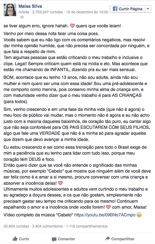 Desabafo da atriz em sua página no Facebook (Crédito: Internet)