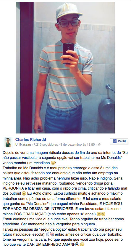 Post de Richardd no Facebook (Crédito: Reprodução/Facebook)