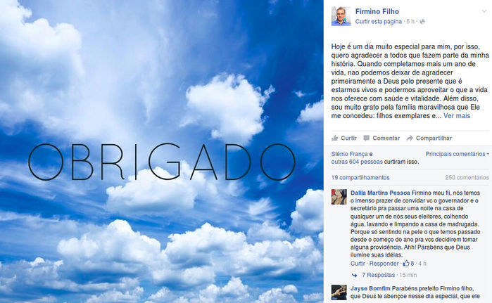 Prefeito Firmino agradeceu aos teresinenses (Crédito: Reprodução/Facebook)