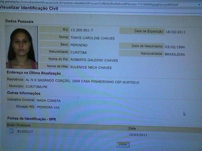 Dados da acusada (Crédito: Reprodução)