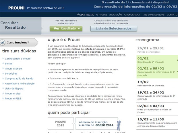 MEC divulga a primeira lista de chamada dos aprovados para bolsas do Prouni 2015
