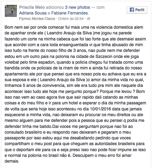 Relato foi feito por Priscila no facebook (Crédito: Facebook/Reprodução)