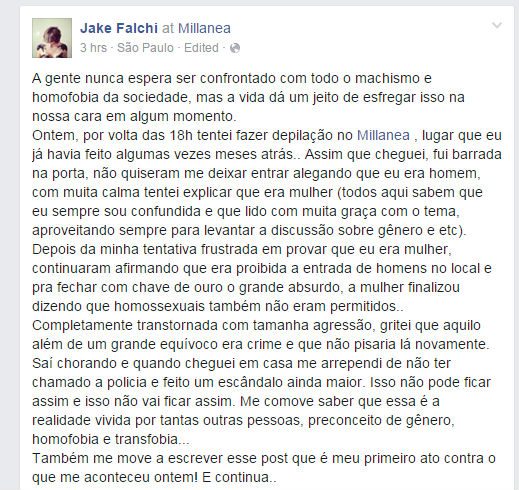 Postagem feita por Jake Falchi em seu perfil no Facebook