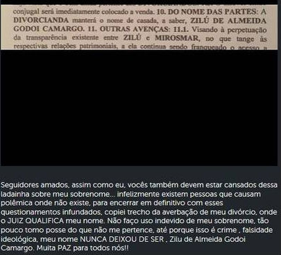Post Zilu em rede social (Crédito: Reprodução)