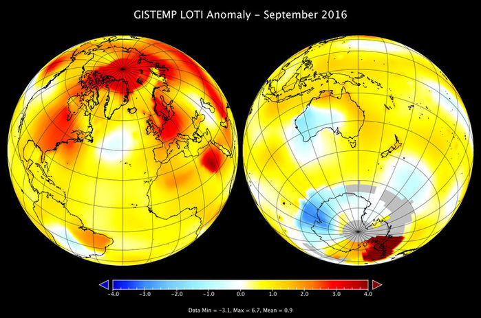 Mapa da temperatura na Terra em setembro de 2016 (Crédito: Nasa)