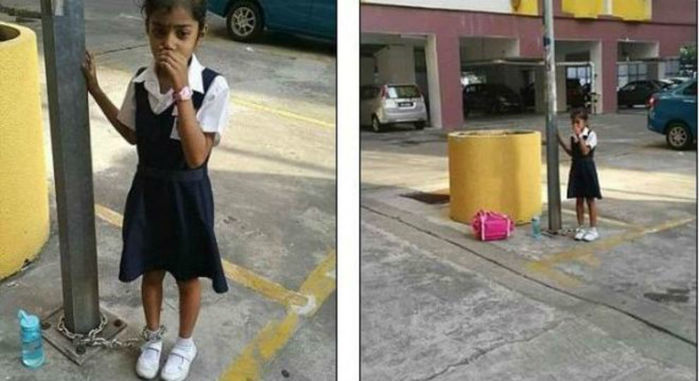 Menina foi acorrentada a um poste pela própria mãe