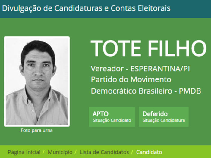 Tote filho foi eleito com 810 votos (Crédito: TSE)
