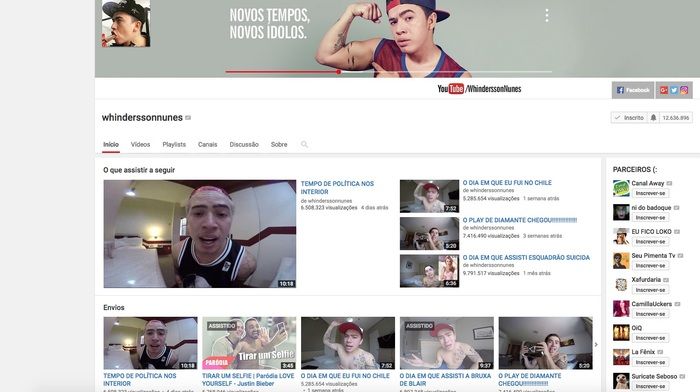 Canal de Whindersson tem o maior número de inscritos (Crédito: Youtube)