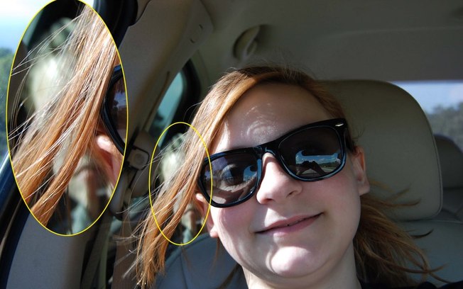 Harper e a selfie "polêmica": rosto de menino é visto no banco de passageiros do carro da britânica (Crédito: Reprodução)
