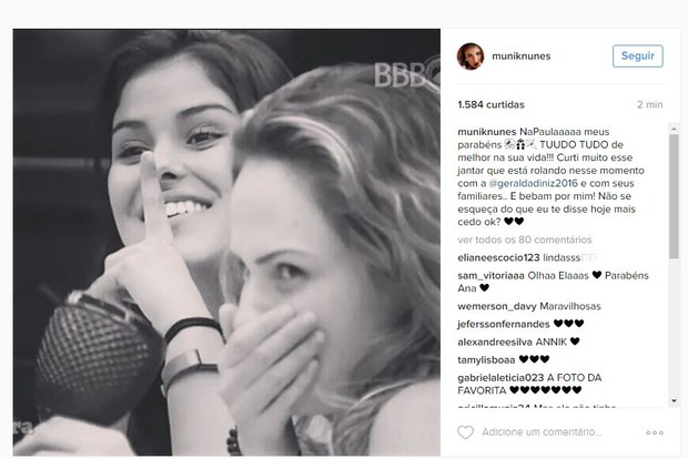 Munik deseja feliz aniversário para Ana Paula (Crédito: Reprodução/ Instagram)