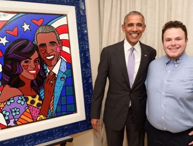 O presidente dos EUA, Barack Obama, e Brendan Britto, filho do pintor brasileiro Romero Britto (Crédito: Reprodução)