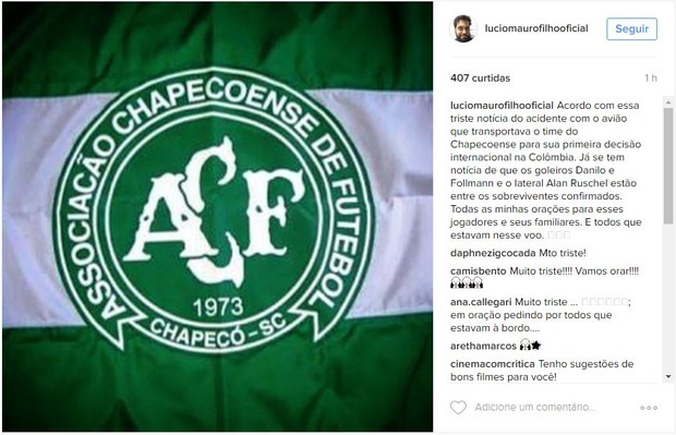 Famosos lamentam queda de avião com equipe da Chapecoense