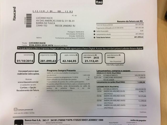 Suposta fatura do cartão de crédito de Luciano Huck cai na rede (Crédito: Reprodução)