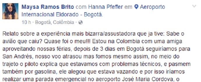 Brasileira relata pânico em avião que pousou antes da Chapecoense