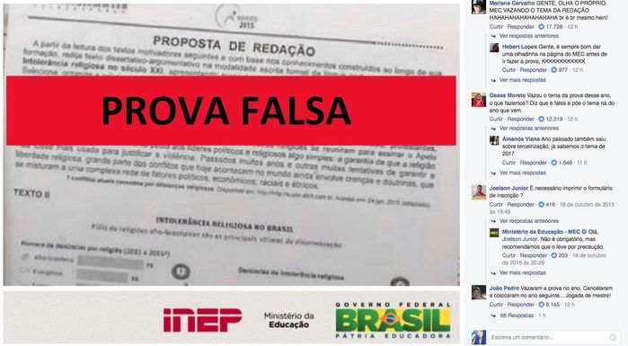 MEC fez um post denunciando prova falsa e copiou o mesmo tema em 2016 (Crédito: Reprodução)