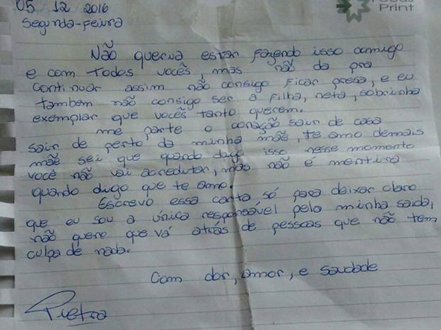 Carta deixada por Pietra Castro (Crédito: Reprodução)