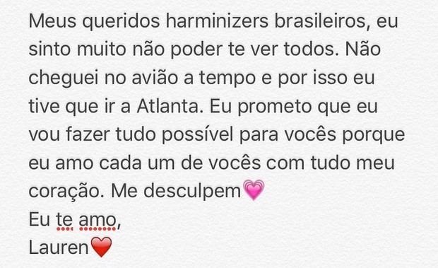 Lauren, do Fifthy Harmony, se desculpa com fãs brasileiros