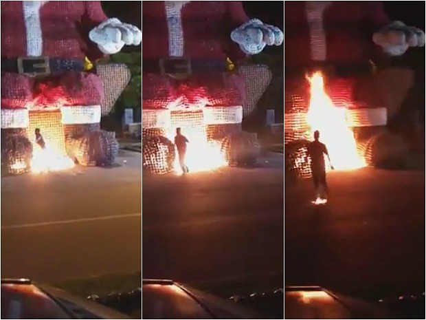 Irmãos atearam fogo em Papai Noel gigante de garrafas pet em Ji-Paraná e filmaram todo o ocorrido. O vídeo da ação tem circulado pelas redes sociais (Crédito: Reprodução)