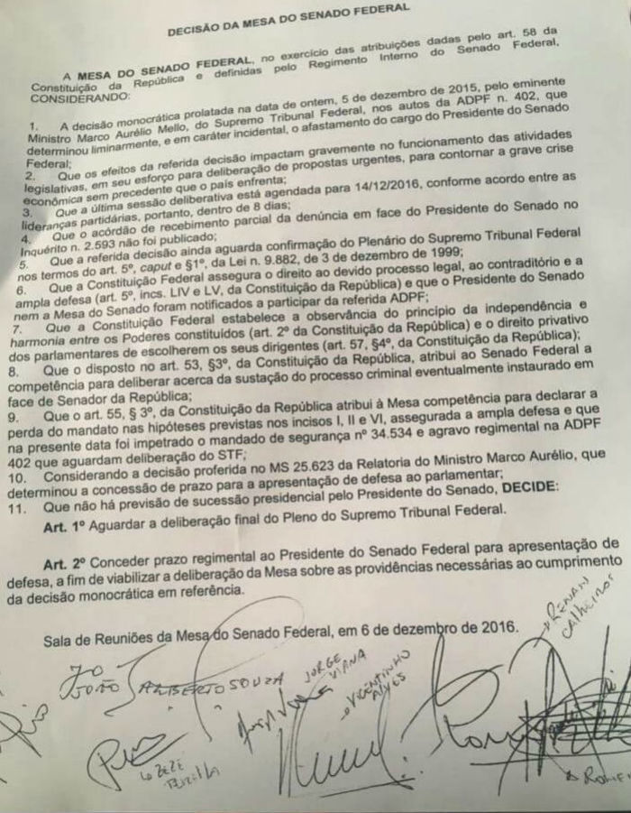 Decisão da Mesa do Senado Federal sobre não cumprir liminar do Ministro do Supremo, Marco Aurelio de Mello