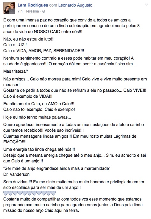 Desabafo da mãe de Caio no Facebook (Crédito: Reprodução/Facebook)