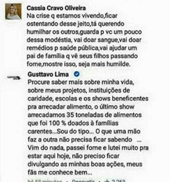 Gustavo Lima posta foto de Ferrari e seguidora o critica (Crédito: Reprodução)