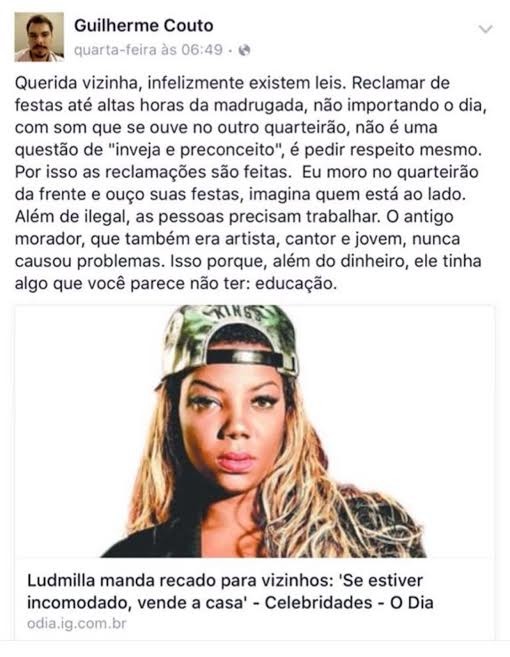 Ludmilla responde vizinho (Crédito: Reprodução)