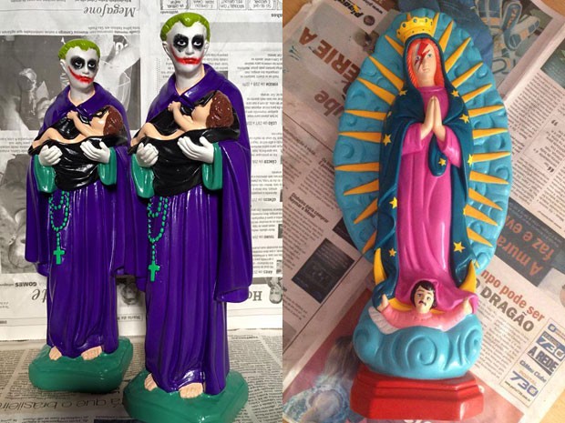 Estatuetas de santos com rostos e vestes de personagens famosos vendidas em loja de Brasília (Crédito: Ana Smile)