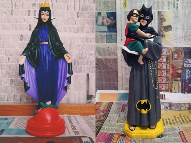 Estatuetas de santos com rostos e vestes de personagens famosos vendidas em loja de Brasília (Crédito: Ana Smile)