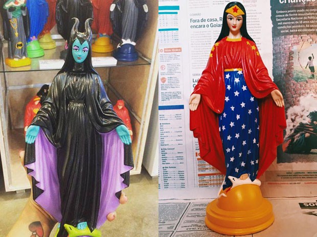 Estatuetas de santos com rostos e vestes de personagens famosos vendidas em loja de Brasília (Crédito: Ana Smile)