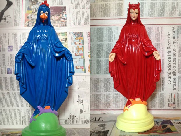 Estatuetas de santos com rostos e vestes de personagens famosos vendidas em loja de Brasília (Crédito: Ana Smile)