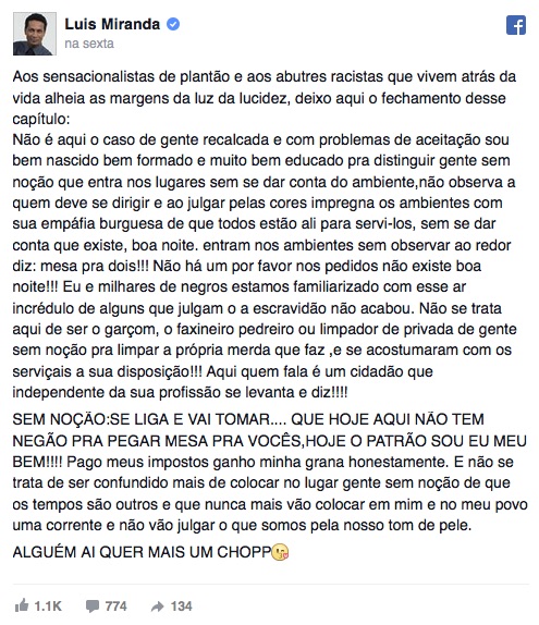 Publicação do ator no Facebook (Crédito: Reprodução)