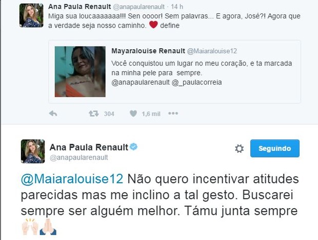 Ana Paula agradece fã que tatuou seu nome (Crédito: Twitter )