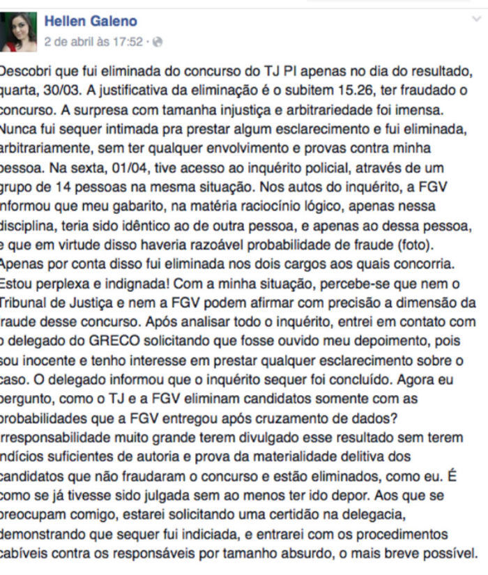 Postagem feita por Hellen Galeno no Facebook