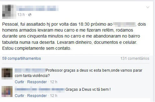 Professor usou uma rede social para relatar o ocorrido (Crédito: Reprodução/ Facebook)