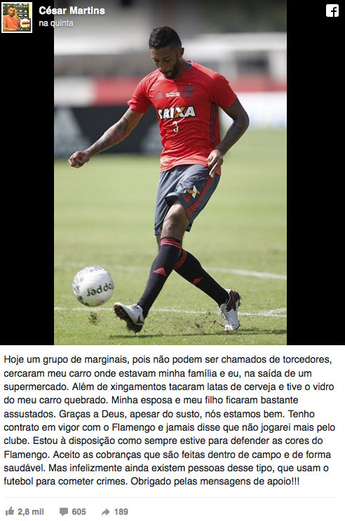 Jogador fez post nas redes sociais