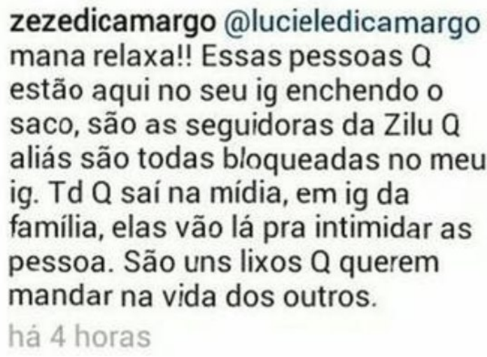 Luciele rebateu críticas de fãs de Zilu