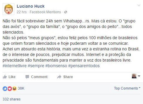 Luciano Huck lamenta bloqueio do WhatsApp e ganha resposta de Zuckerberg (Crédito: Reprodução)