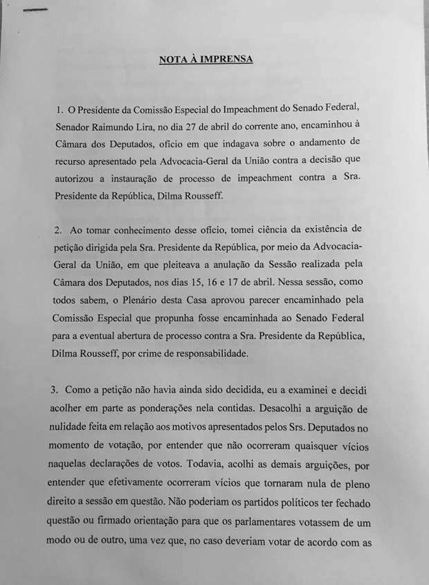 Nota à imprensa de Waldir Maranhão (Crédito: Reprodução)