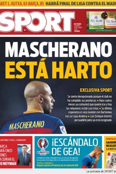 “Mascherano está farto”, diz a manchete principal do “Sport”. (Crédito: Reprodução)