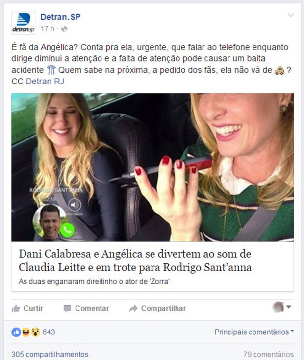 Angélica levou bronca do Detran (Crédito: Reprodução/ Fscebook )