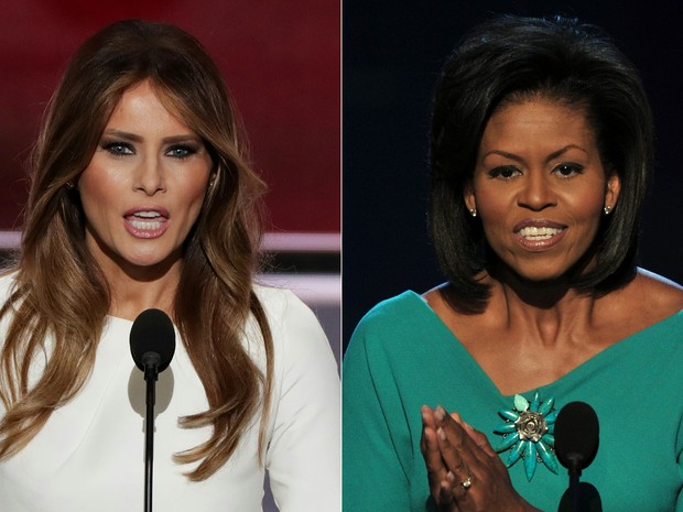 Melania Trump, durante convenção republicana em 2016, e Michelle Obama, na convenção democrata de 2008