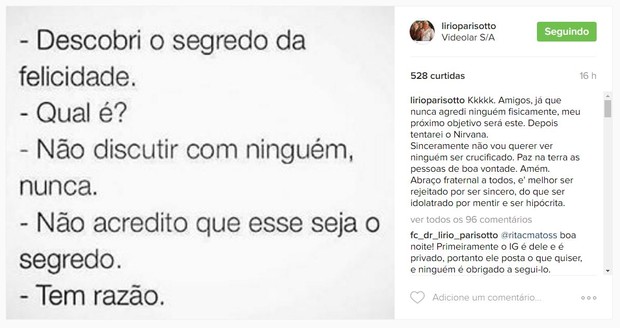 Postagem de Lírio Parissotto (Crédito: Reprodução)