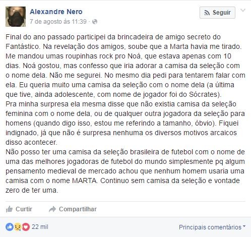 Nero reclama de ausência de camisas da seleção com nome de Marta (Crédito: Reprodução)