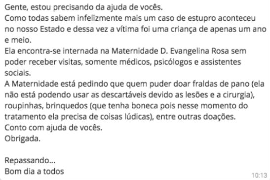 Mensagem pedindo doações para a criança (Crédito: Reprodução)